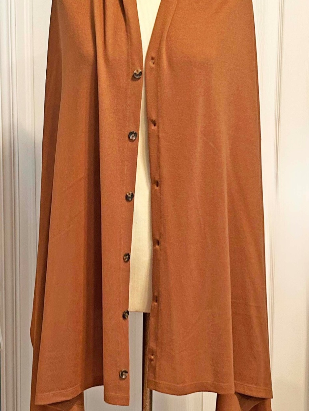 SHAWL STYLE BUTTON FRONT SWEATER, CAMEL, ONE SIZE PLUS, JERSEY KNIT, JOAN RIVERS